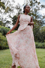 Mena Pleated Maxi Skirt - Blurred Pink Floral