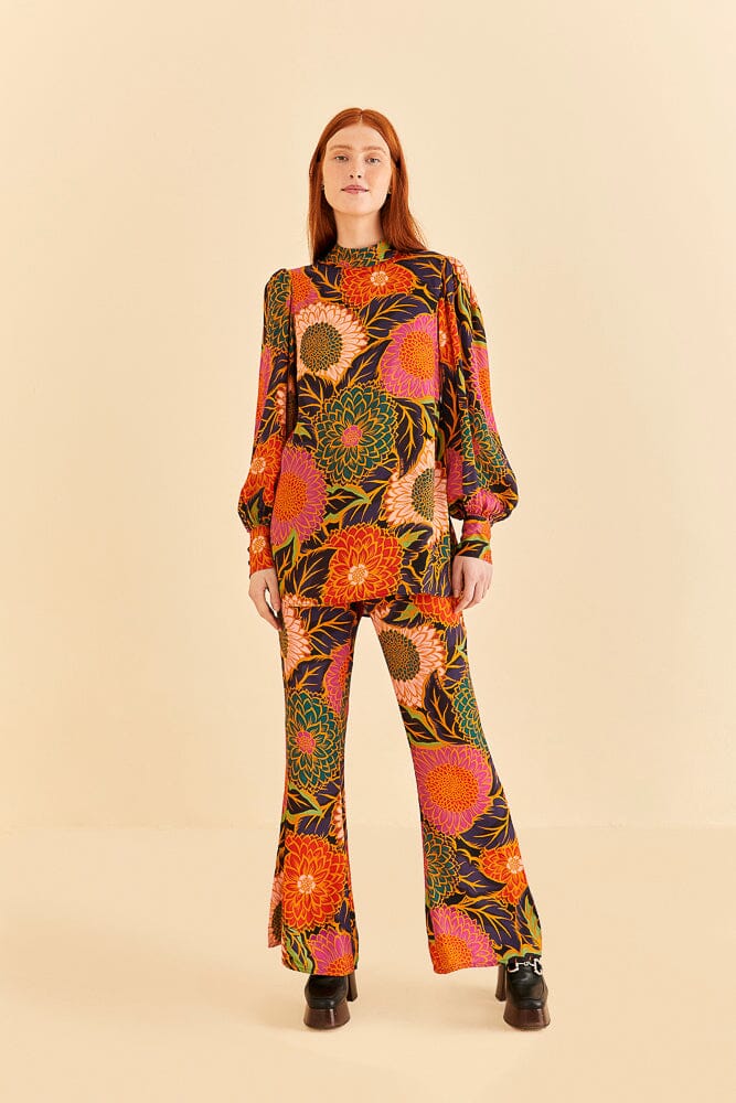 Multicolor Vintage Garden Satin Flare Pants