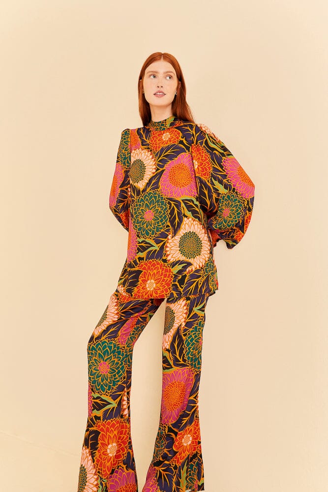 Multicolor Vintage Garden Satin Flare Pants