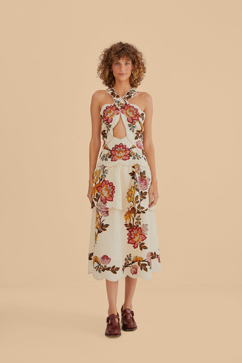 Sand Leopard Flowers Cut Out Midi Dress