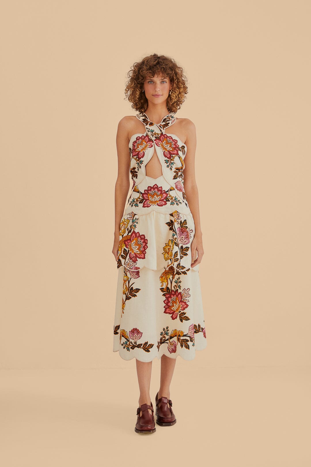 Sand Leopard Flowers Cut Out Midi Dress