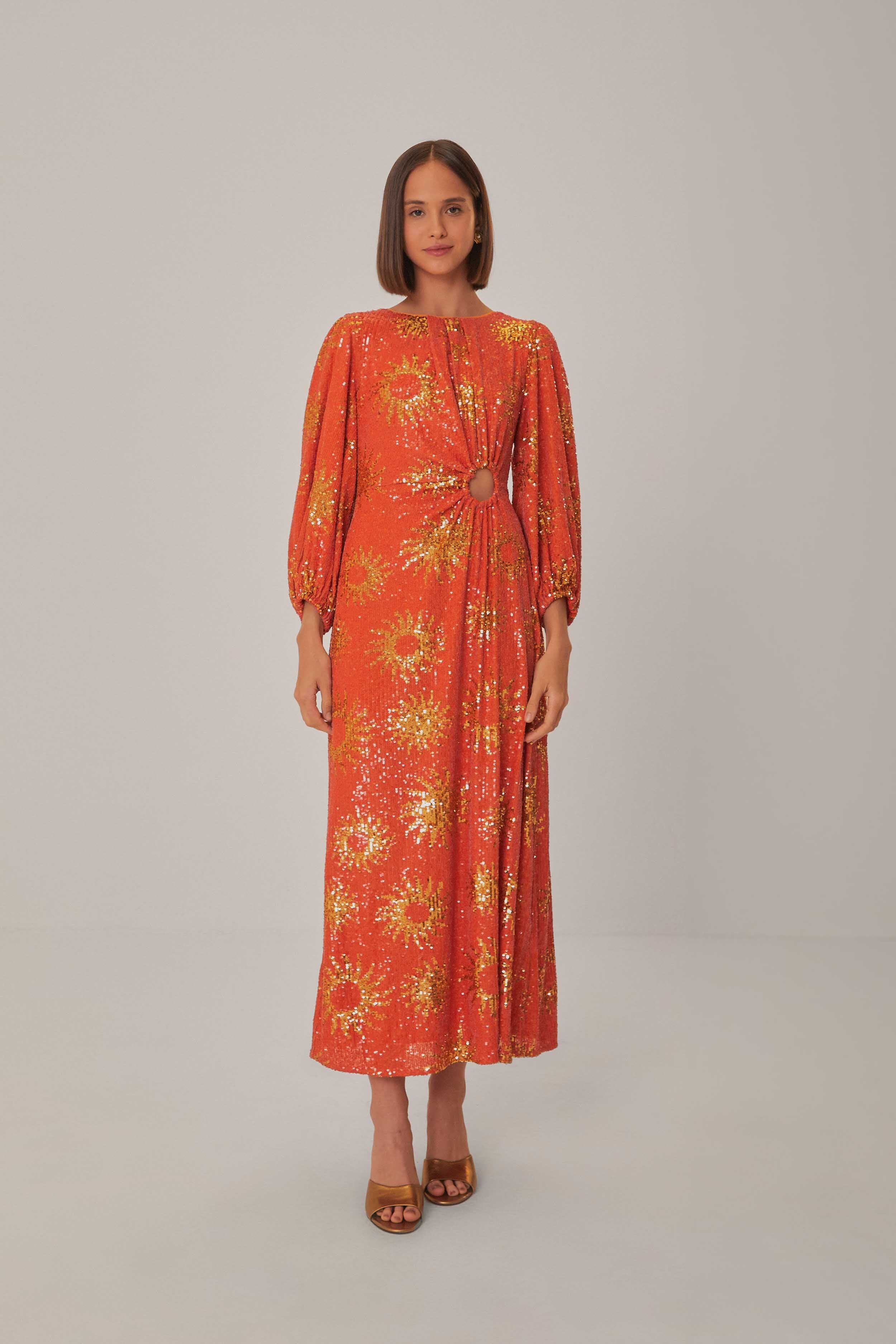 Orange Sunny Mood Sequin Cut Out Midi Dress
