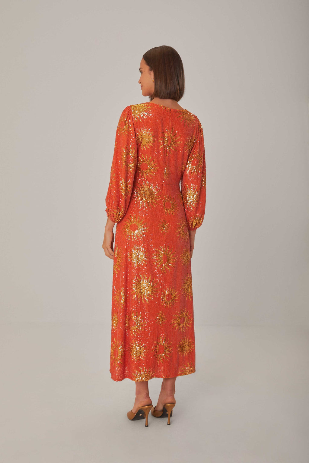 Orange Sunny Mood Sequin Cut Out Midi Dress