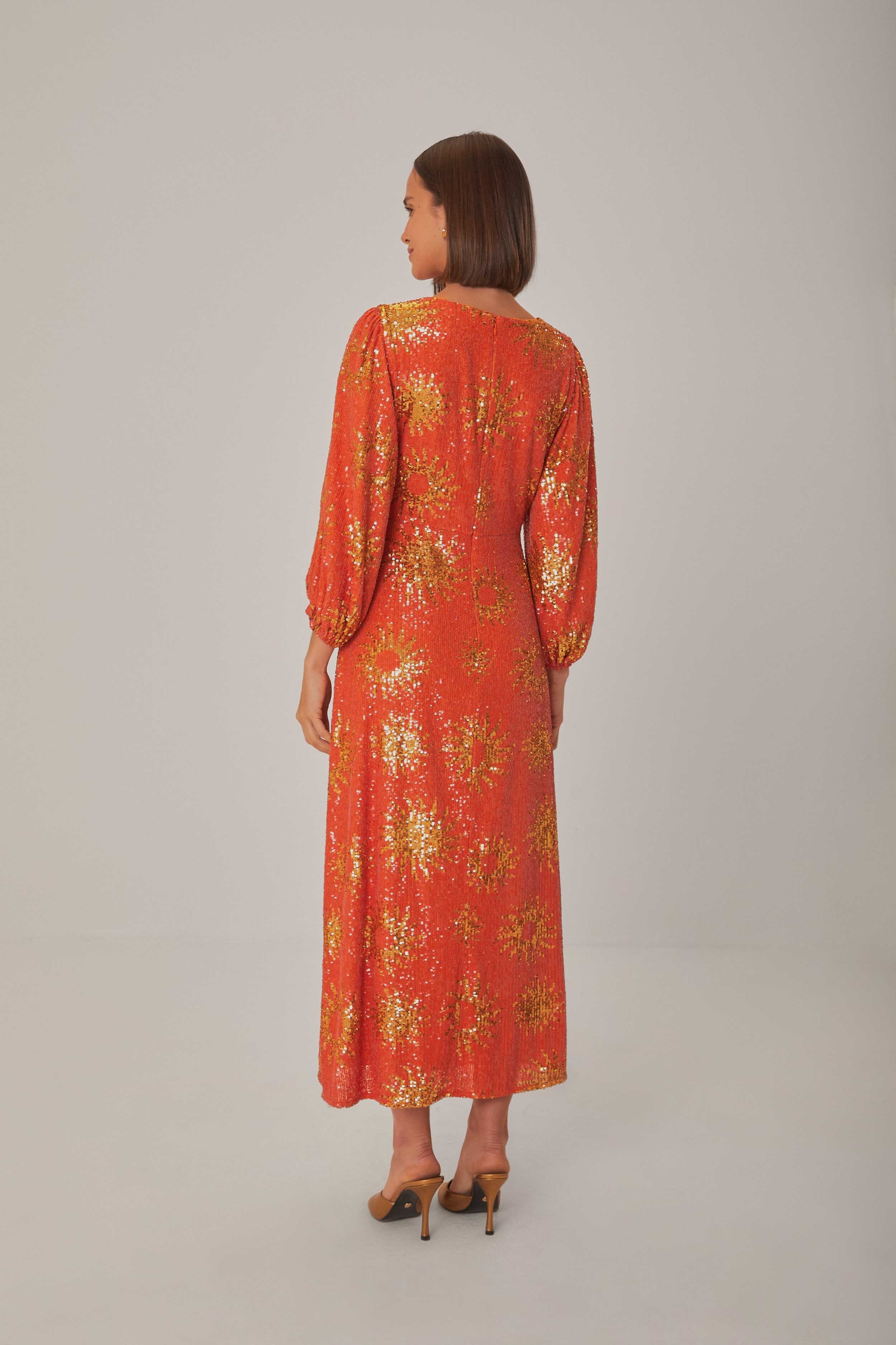 Orange Sunny Mood Sequin Cut Out Midi Dress