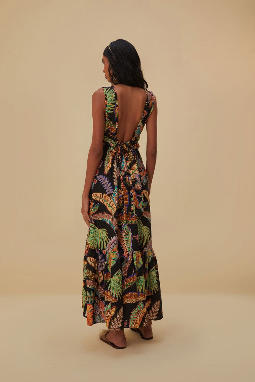 Cool Foliage Black Sleeveless Maxi Dress
