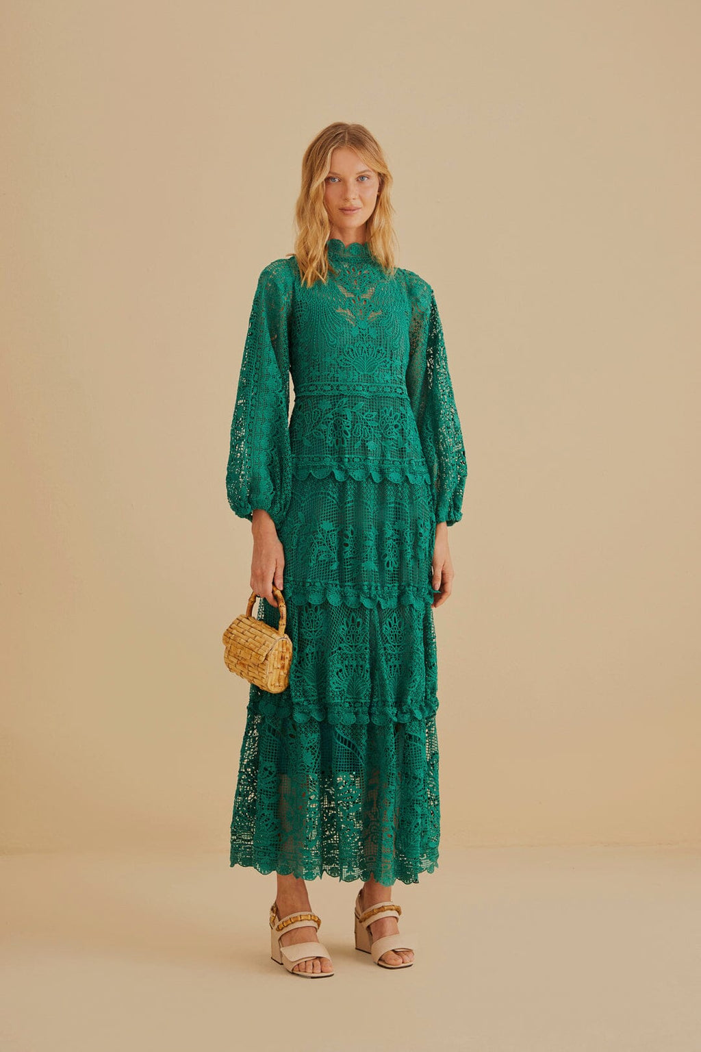 Dark Green Guipure Long Sleeve Maxi Dress