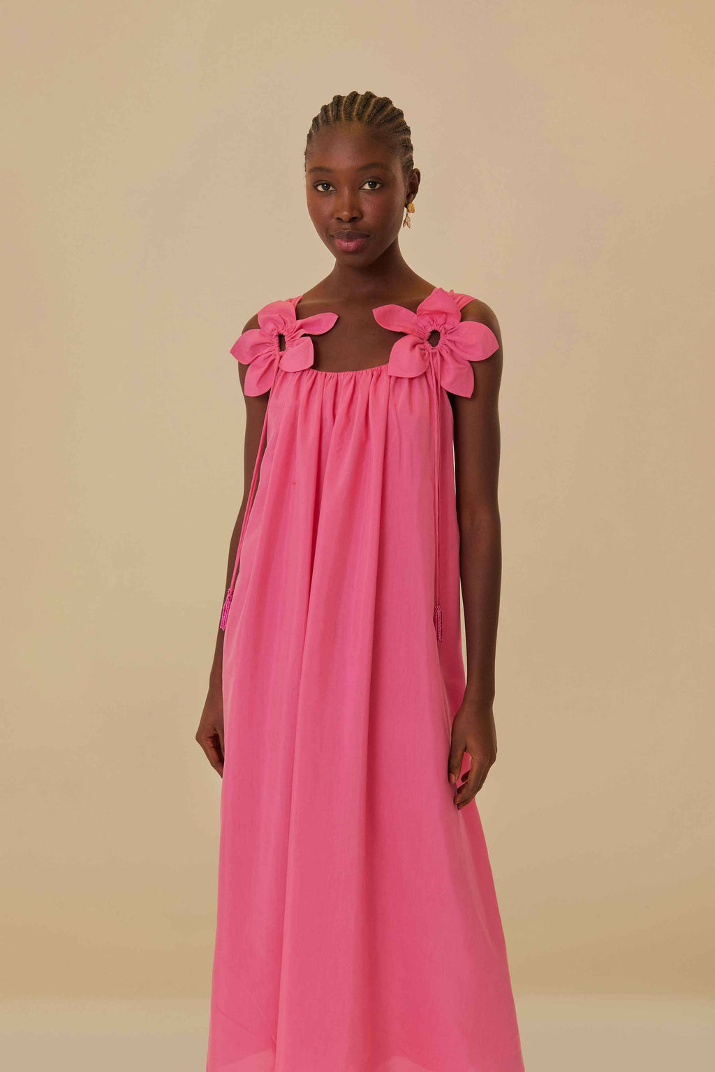 Pink Floral Details Sleeveless Midi Dress