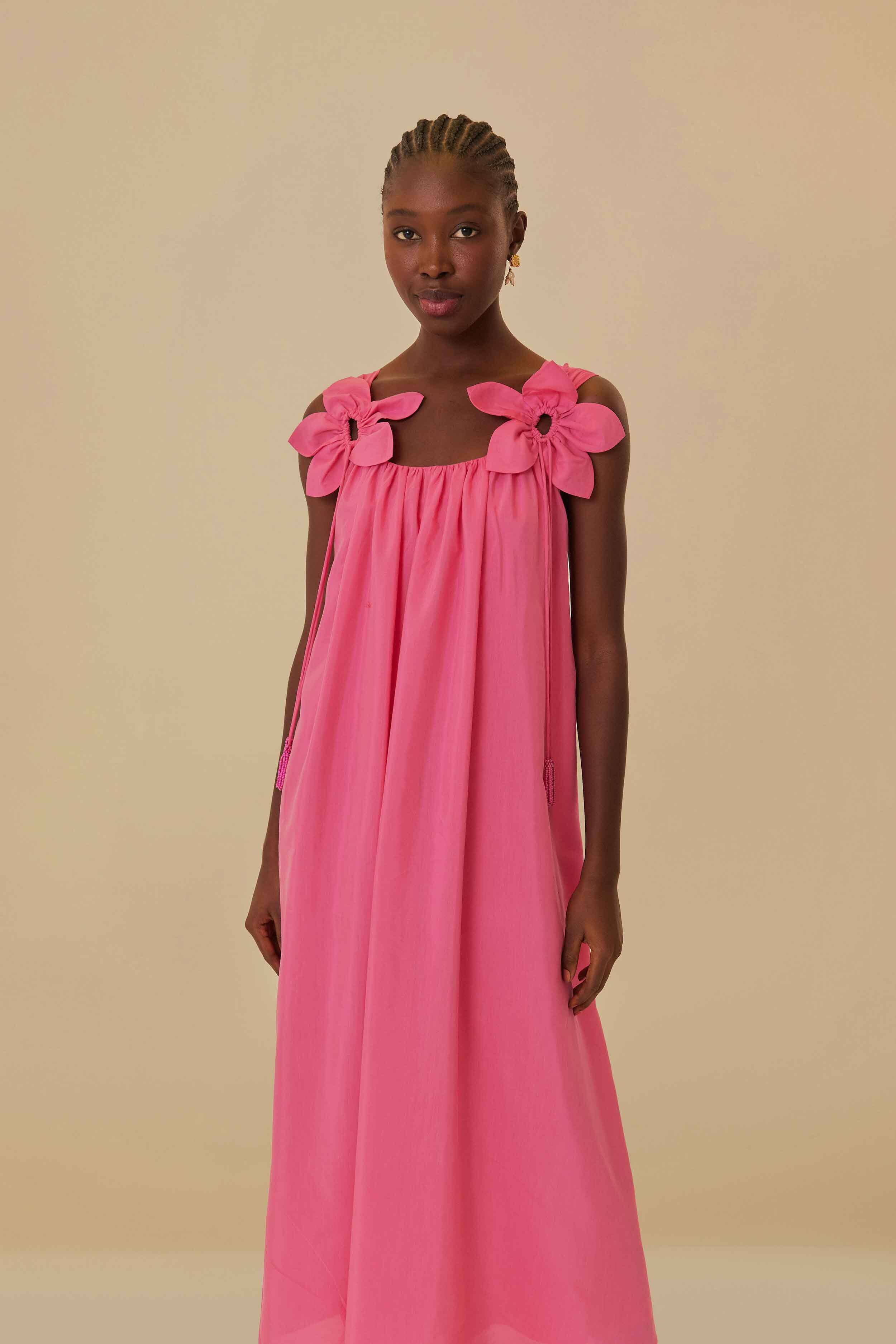 Pink Floral Details Sleeveless Midi Dress