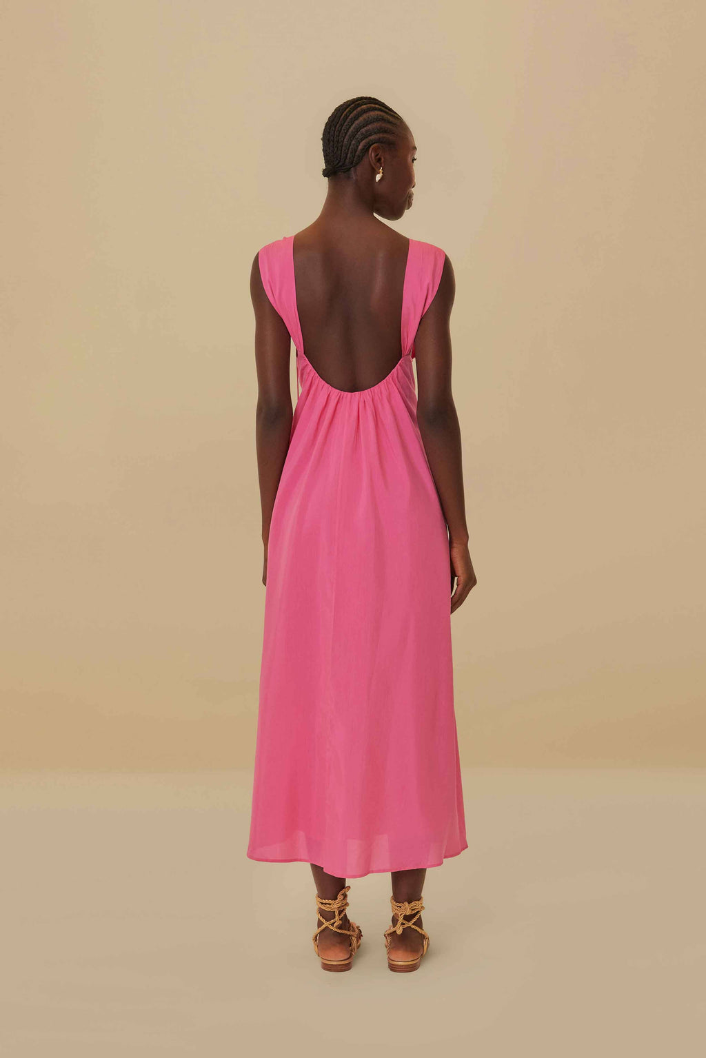 Pink Floral Details Sleeveless Midi Dress