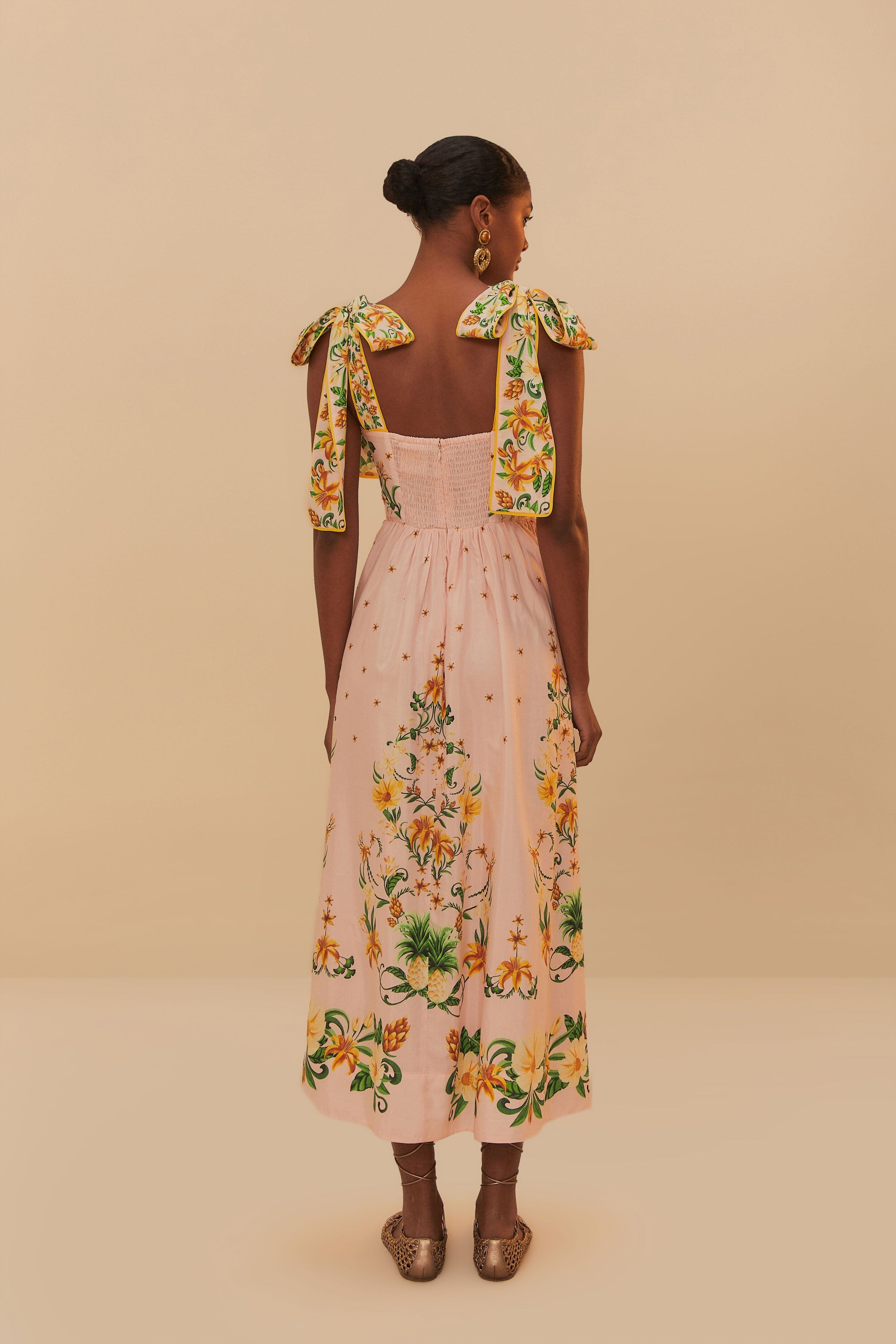 Pink Botanical Beauty Shoulder Bow Midi Dress