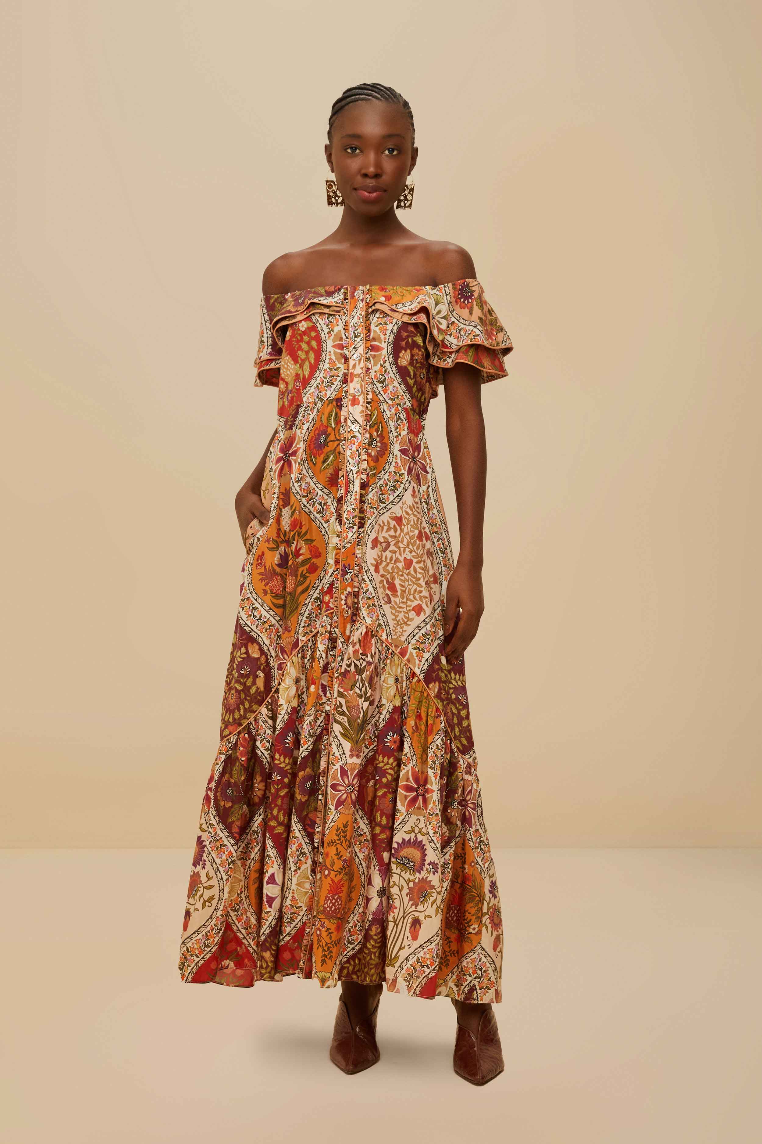 Multicolor Romantic Nature Off-Shoulder Maxi Dress