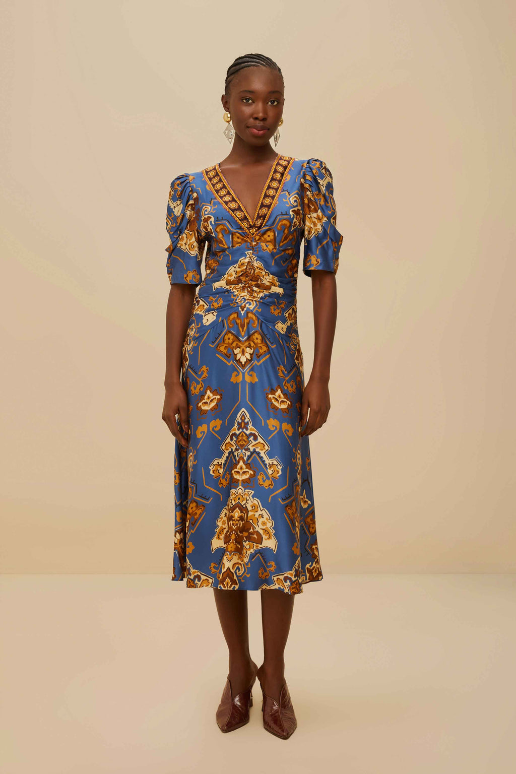Blue Ornament Floral Midi Dress