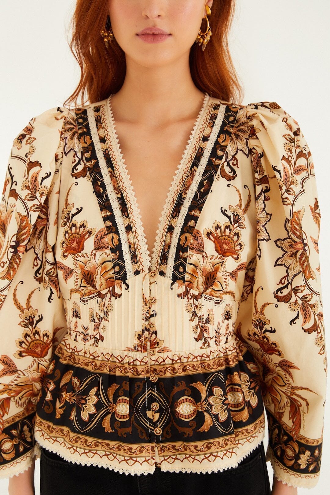 Sand Majestic Garden Lace Puff Sleeve Organic Cotton Blouse