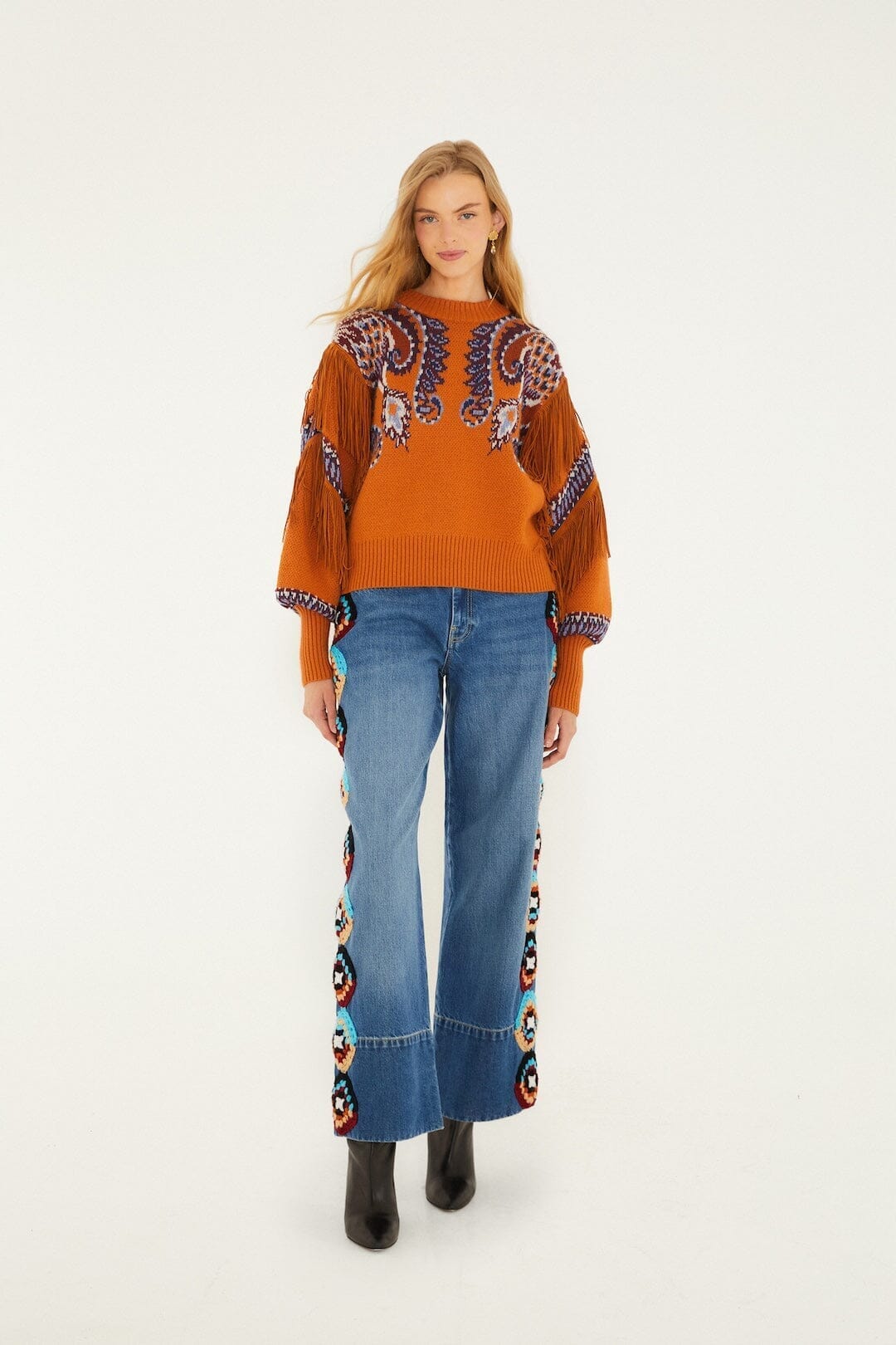 Brown Arabesque Scarf Fringe Cuffed Knit Sweater