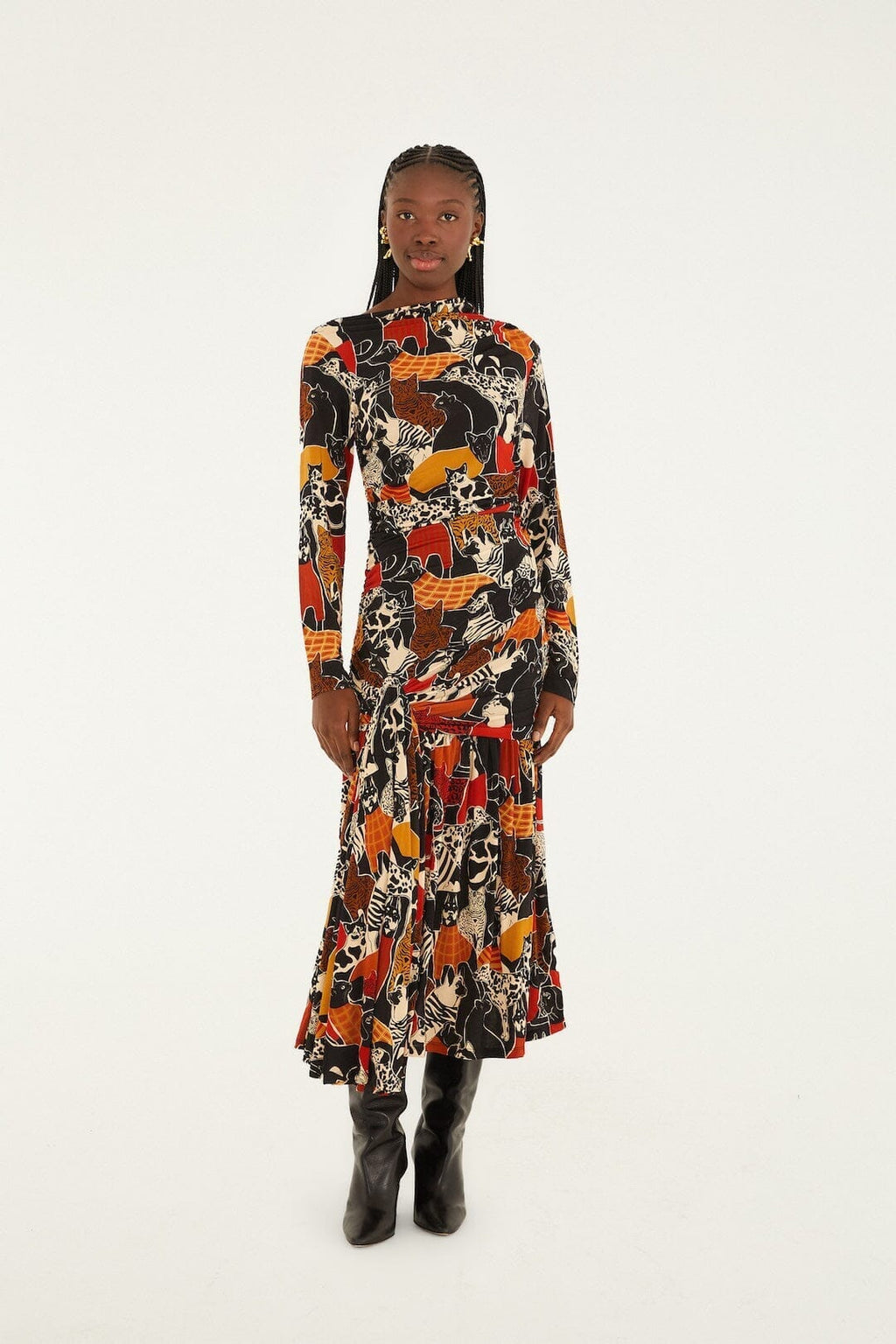 Multicolor Cats And Dogs Long Sleeve Draped Midi Dress