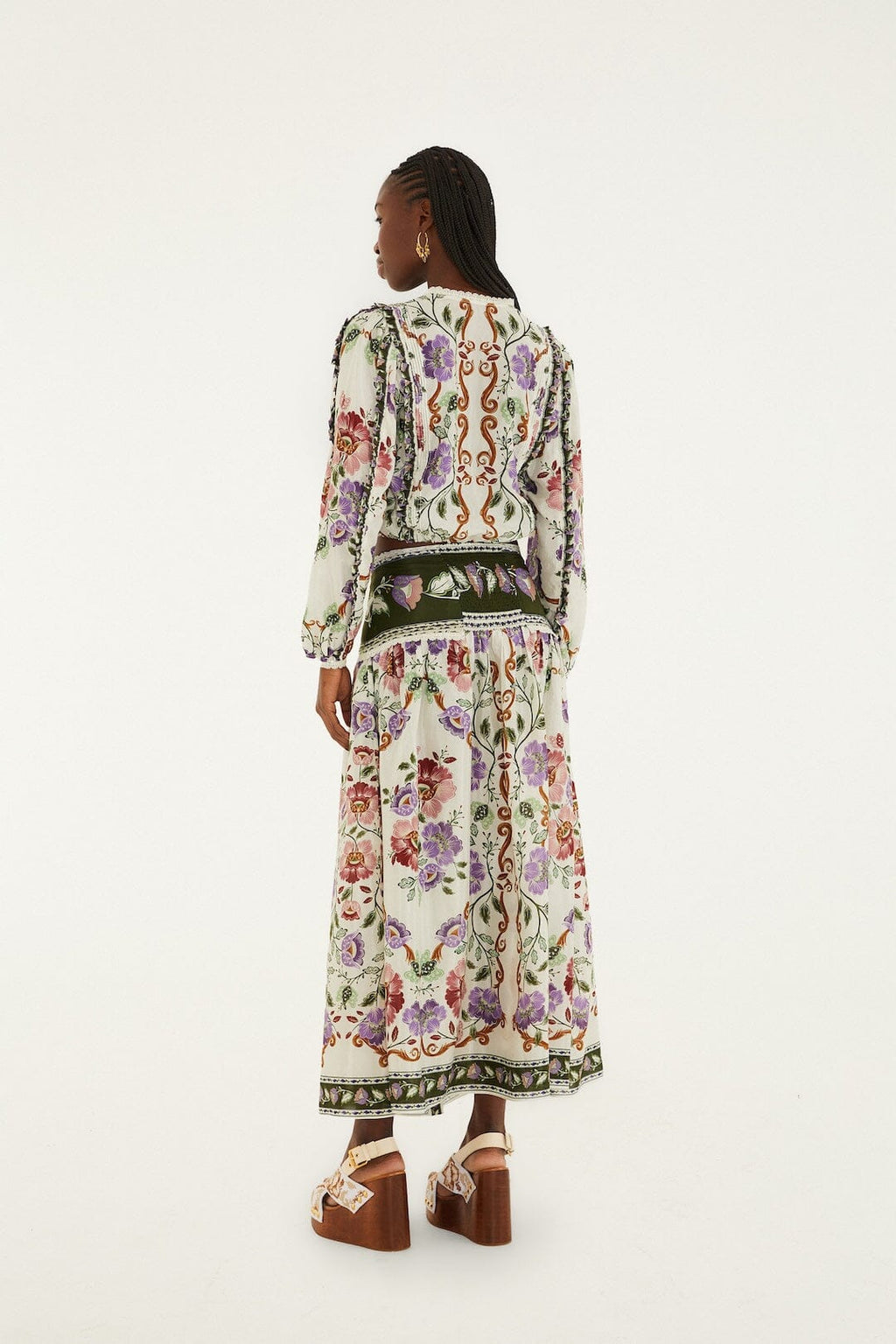 Cream Rococo Flowers Lace Buttoned Midi Skirt