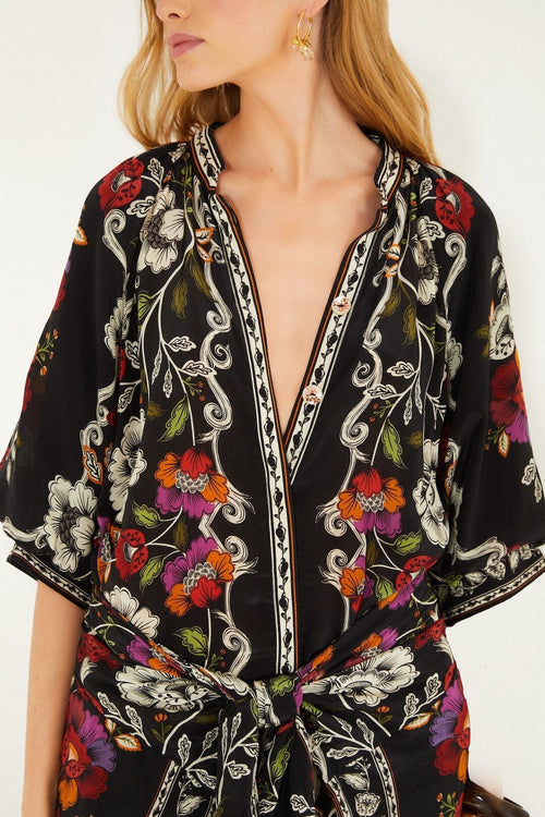 Black Rococo Flowers Belted Midi Dress
