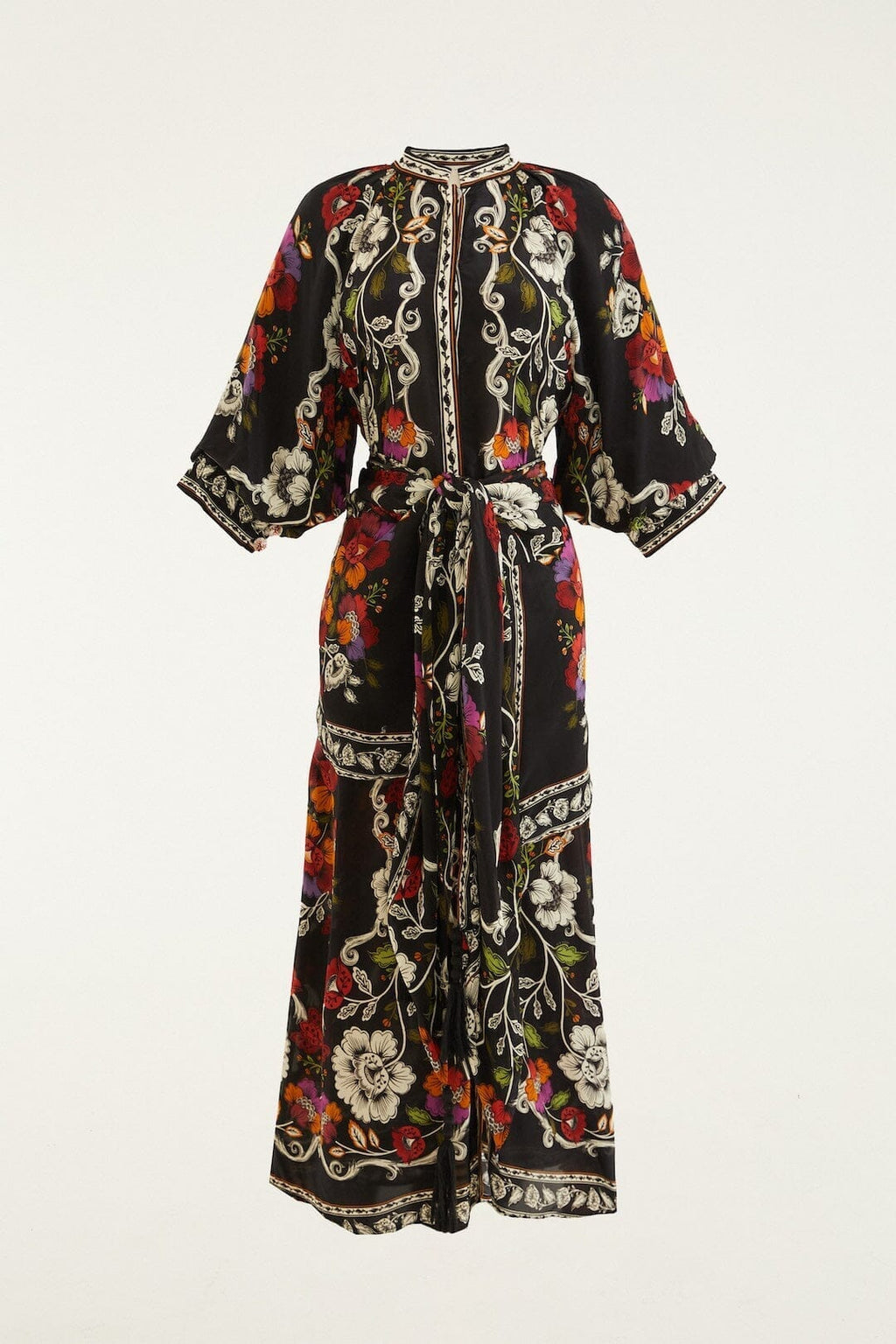 Black Rococo Flowers Belted Midi Dress