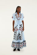 Blue Artisanal Embroidered Lace Front Bow Maxi Dress
