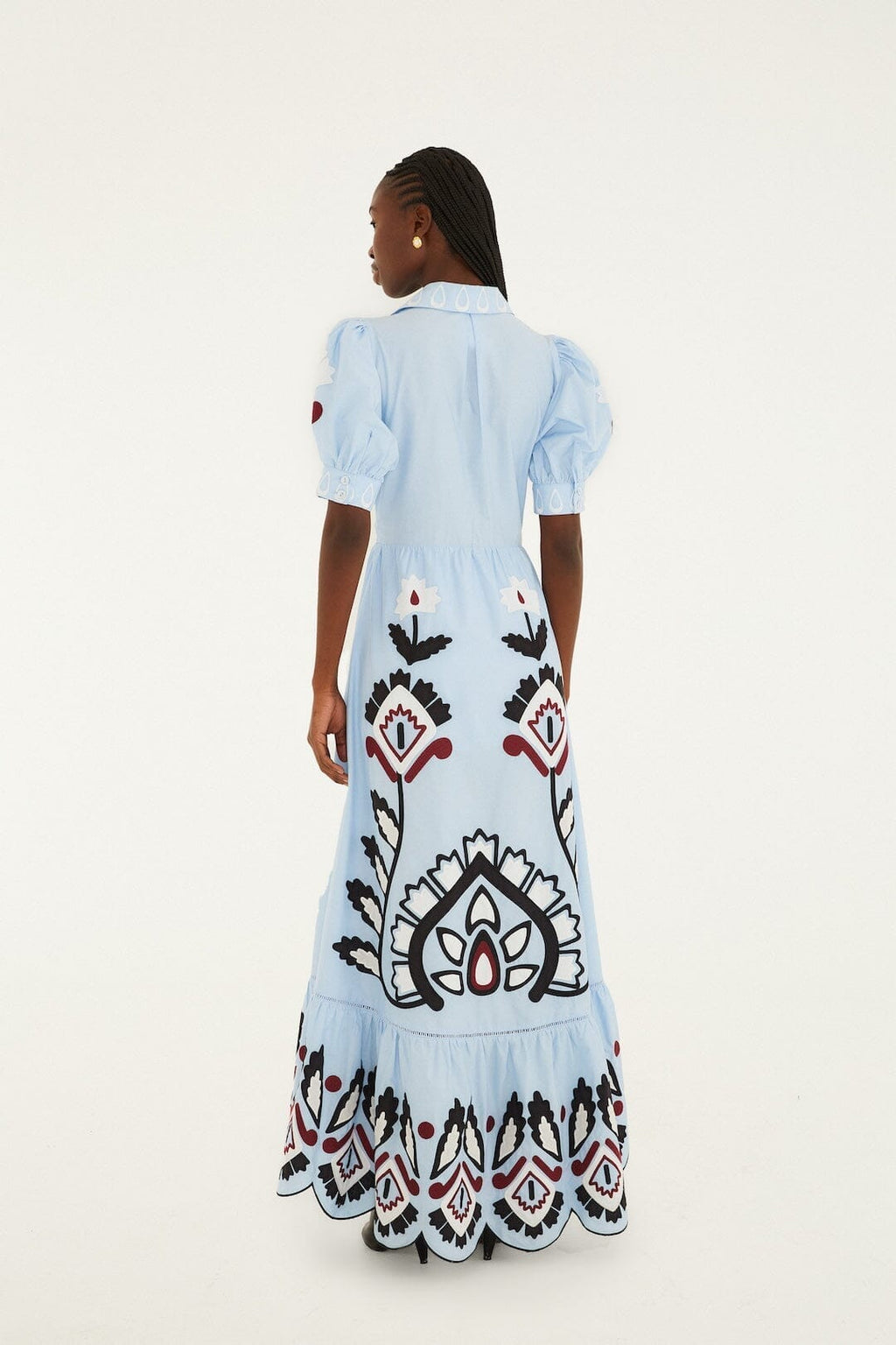 Blue Artisanal Embroidered Lace Front Bow Maxi Dress