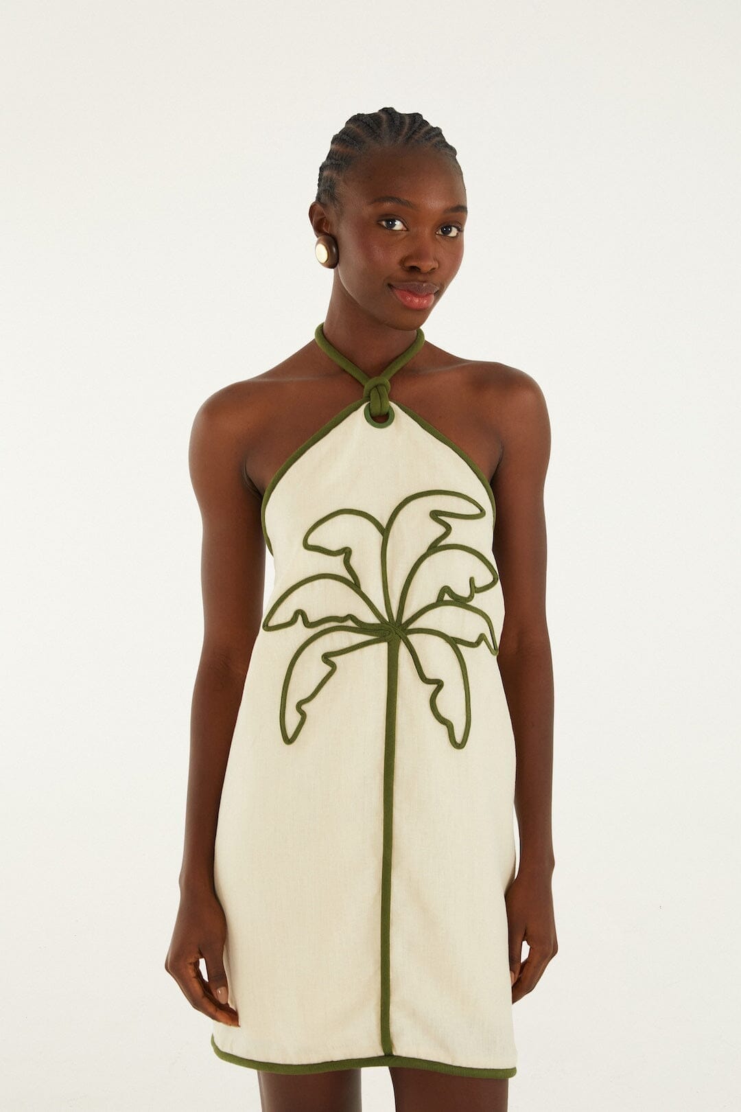 Sand Coconut Embroidery Halter Neck Euroflax™ Premium Linen Mini Dress