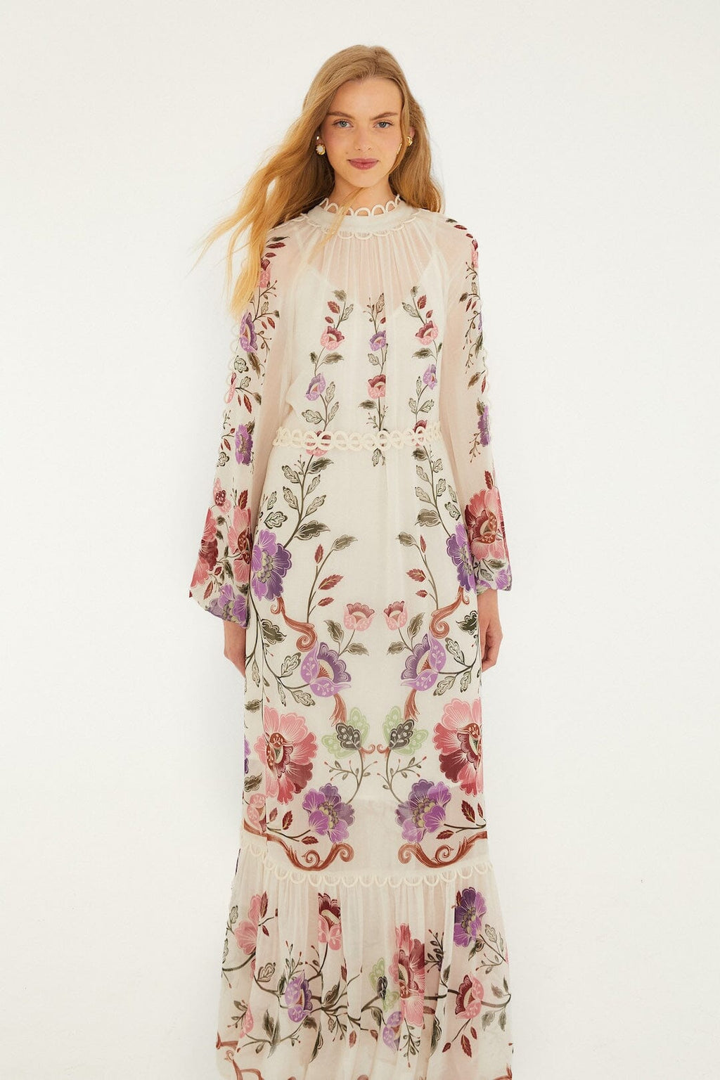 Cream Rococo Flowers Lace Maxi Dress