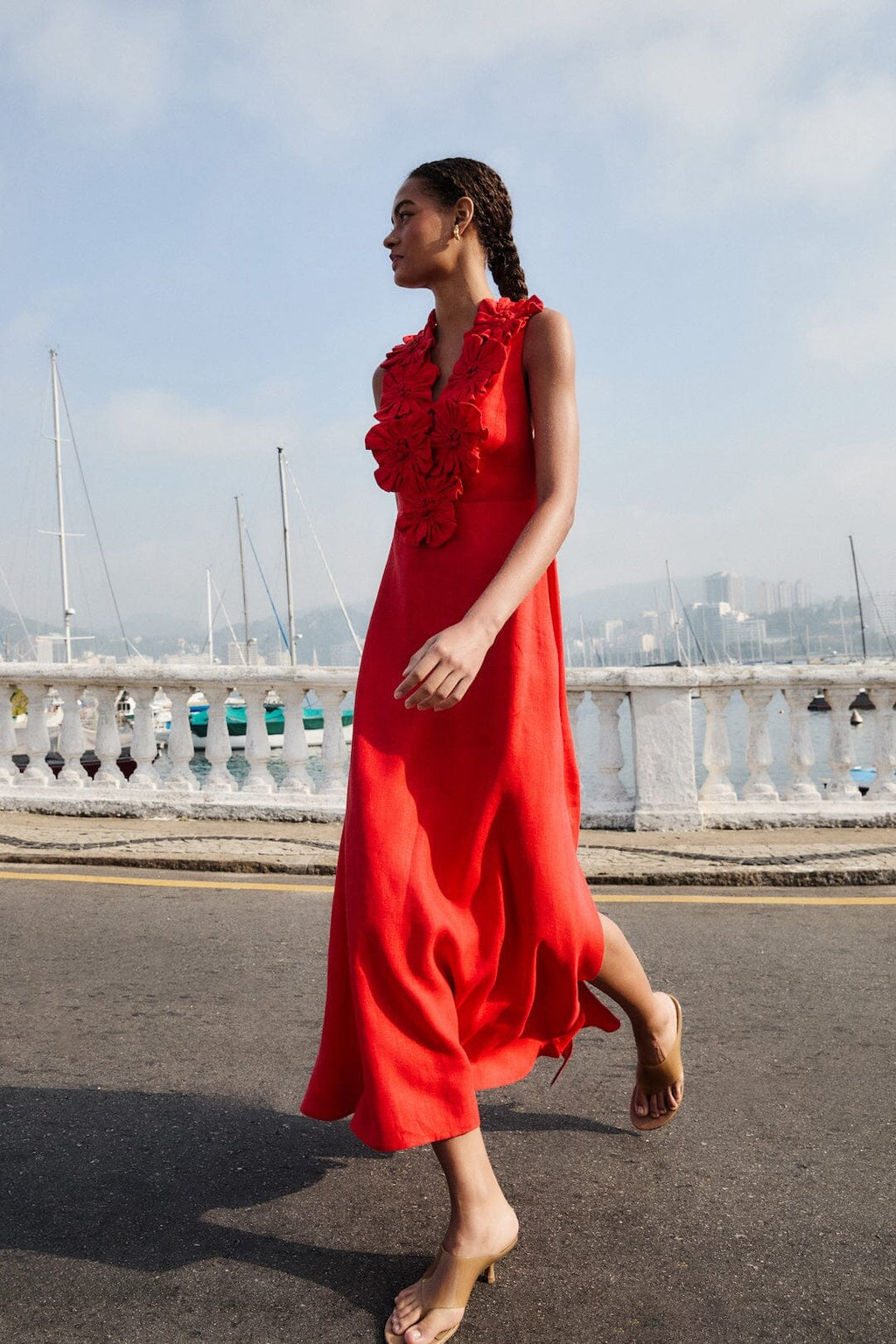 Red Sleeveless Euroflax Premium Linen Midi Dress
