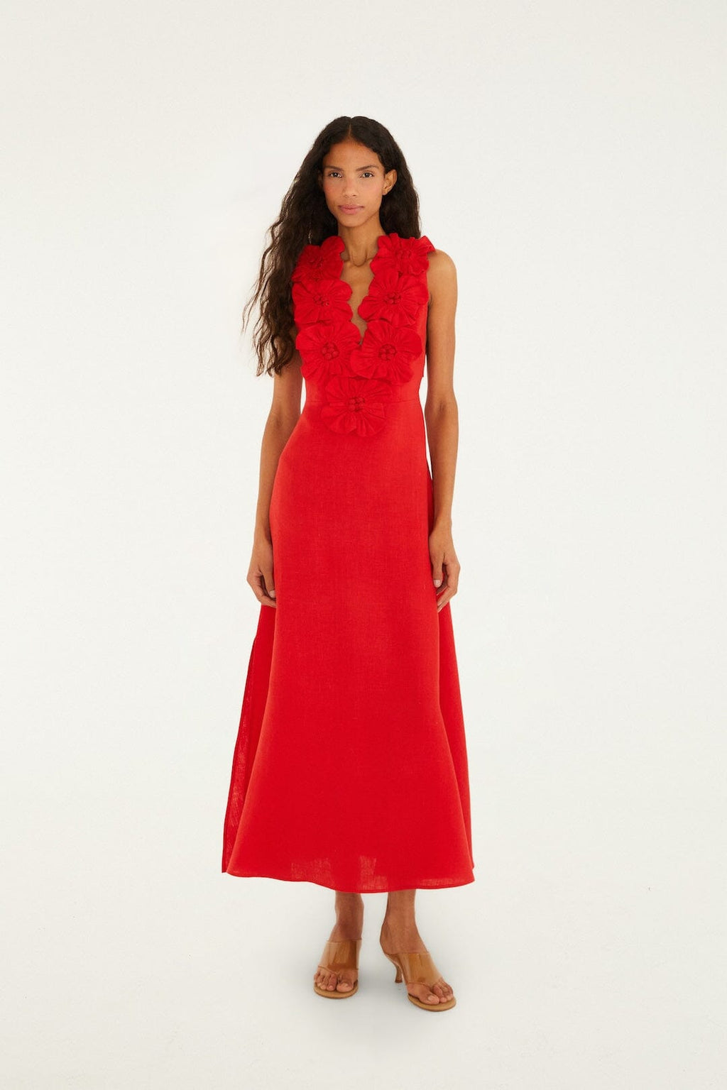 Red Sleeveless Euroflax Premium Linen Midi Dress
