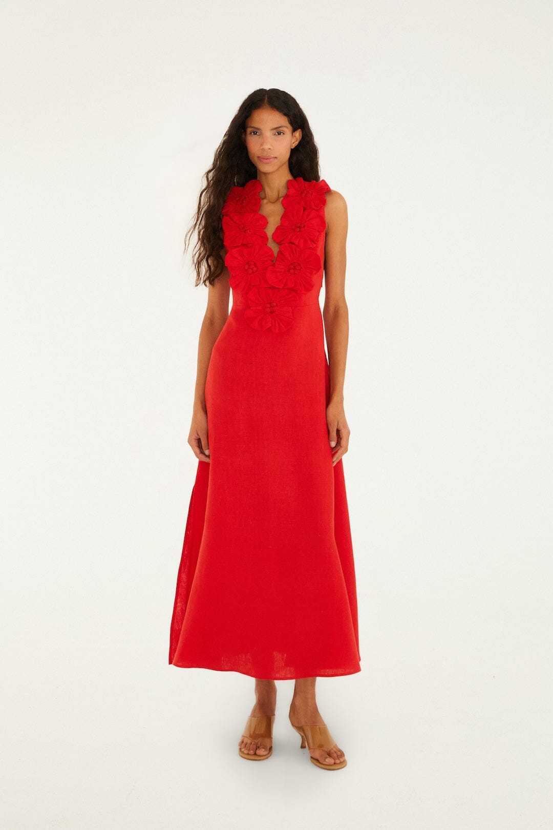 Red Sleeveless Euroflax Premium Linen Midi Dress