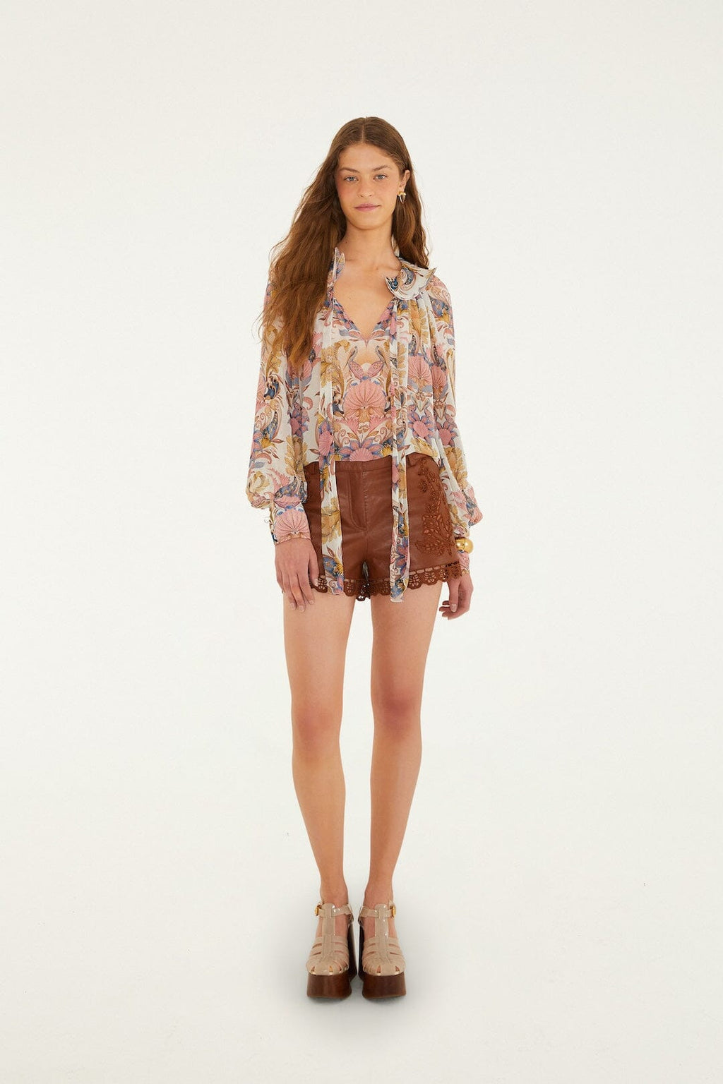 Caramel Richelieu Belt Loops Leather Shorts