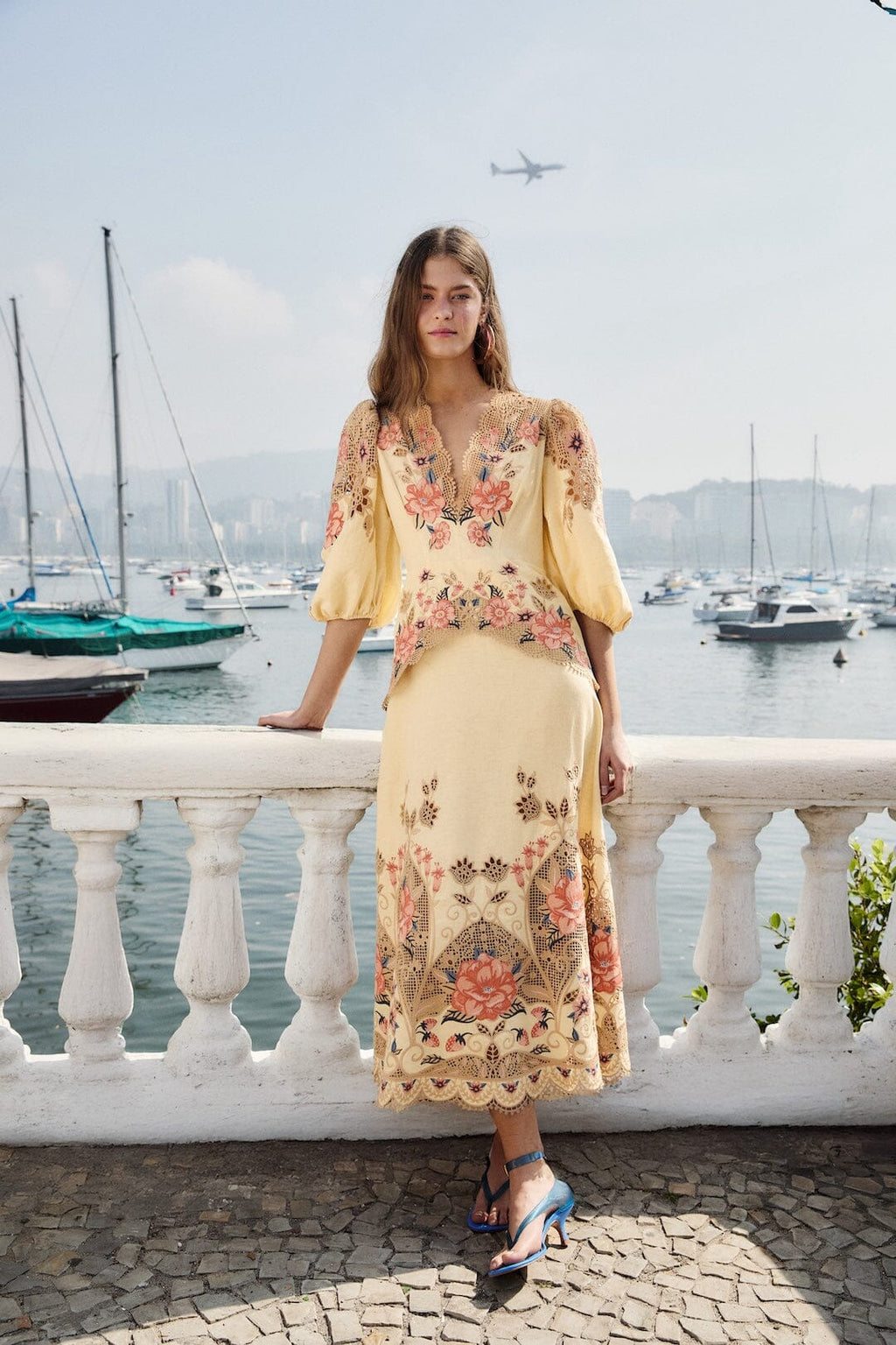Butter Yellow Embroidered Lenzing™ Ecovero™ Euroflax™ Midi Dress