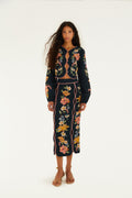Dark Blue Maira Floral Euroflax™ Premium Linen Midi Skirt
