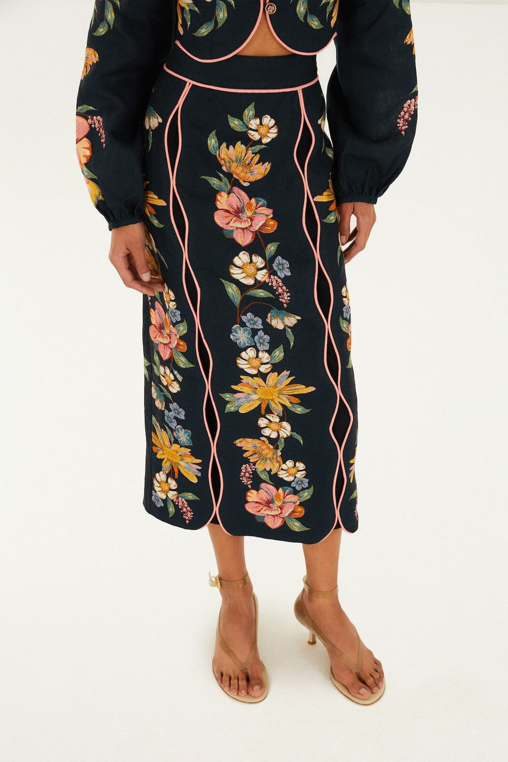 Dark Blue Maira Floral Euroflax™ Premium Linen Midi Skirt