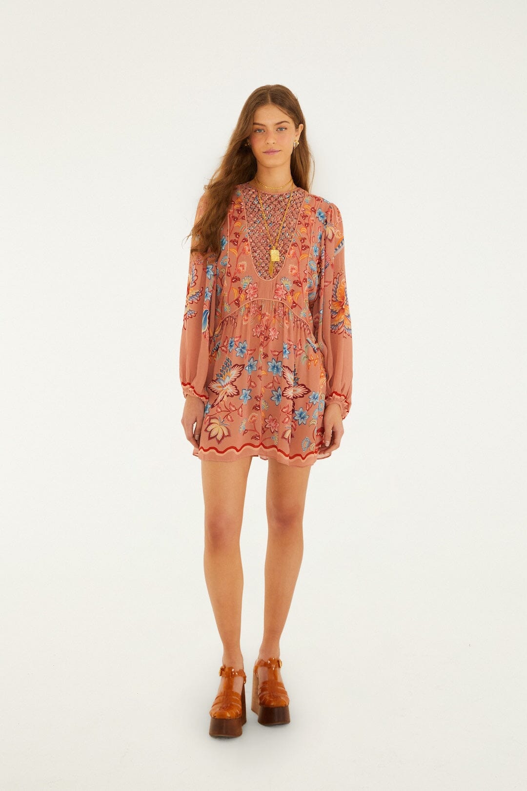 Mocha Boho Enhance Lace Long Sleeve Mini Dress