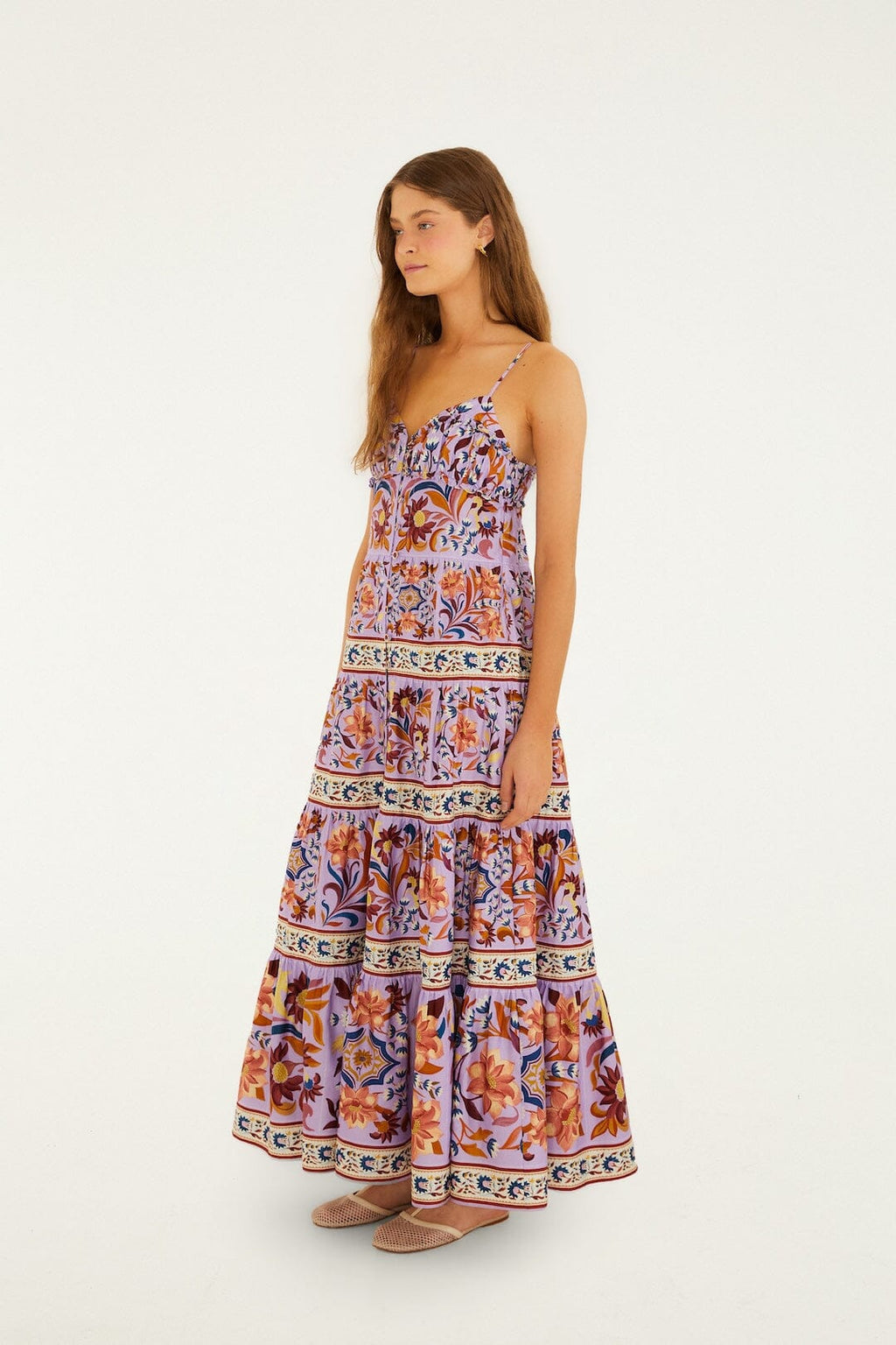 Lilac Flower Tiles Sleeveless Tiered Maxi Dress