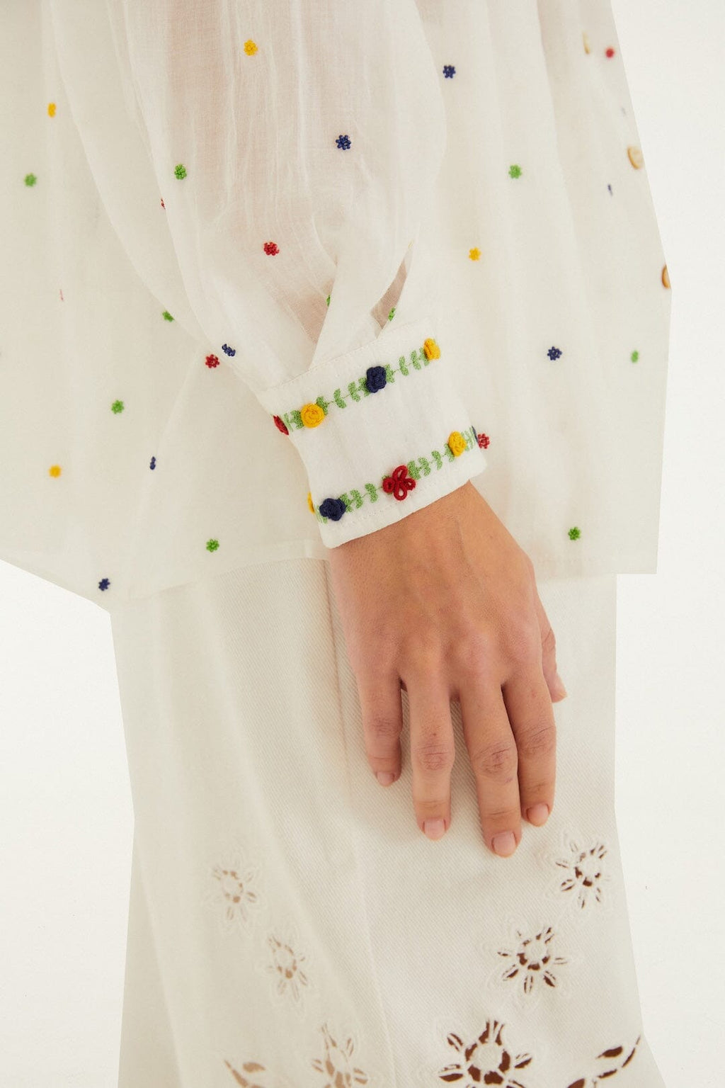 Off-White Embroidered Beads Organic Cotton Long Sleeve Blouse