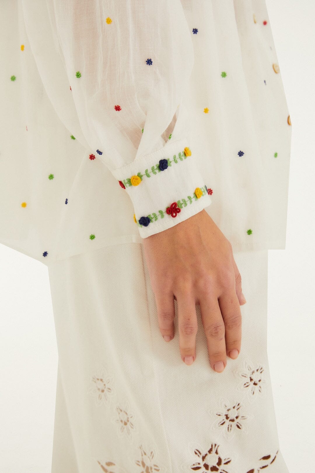 Off-White Embroidered Beads Organic Cotton Long Sleeve Blouse