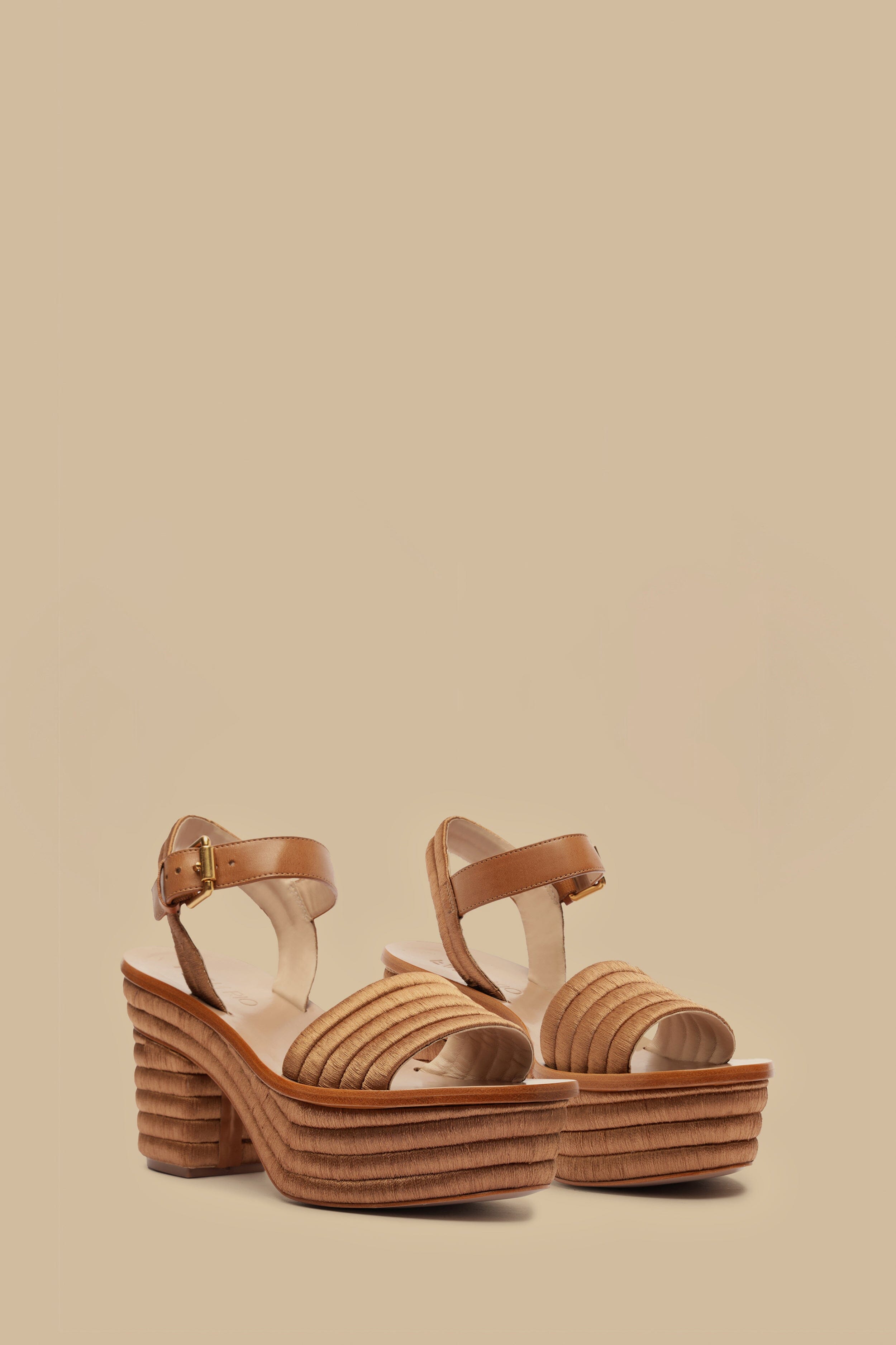 Tan Embroidered Platform Sandal