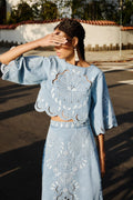 Denim Richelieu Kimono Sleeves Cropped Blouse