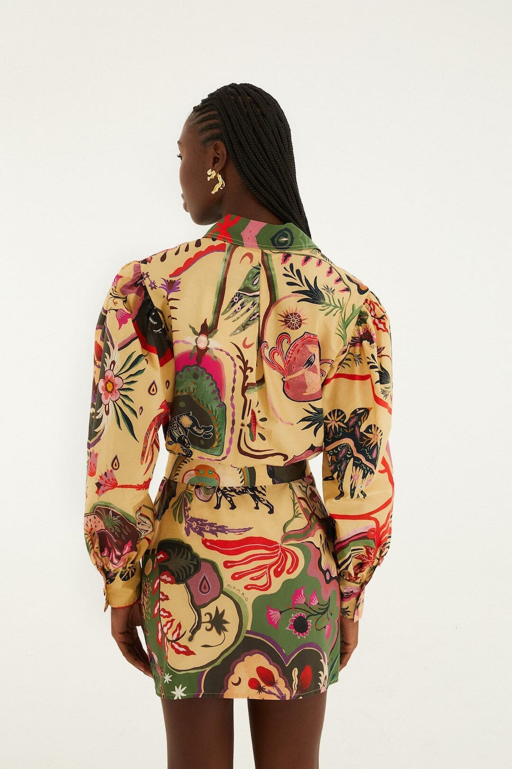 Beige Artsy Surreal Land Beaded Belt Organic Cotton Mini Dress