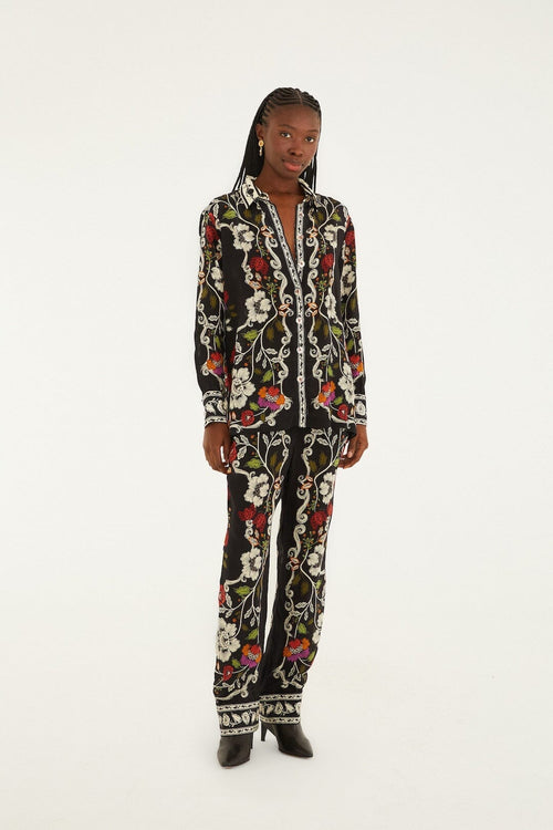 Black Rococo Flowers Collared Buttoned Shirt