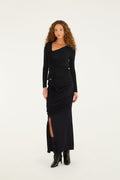 Black Flower Draped Side Slit Midi Skirt