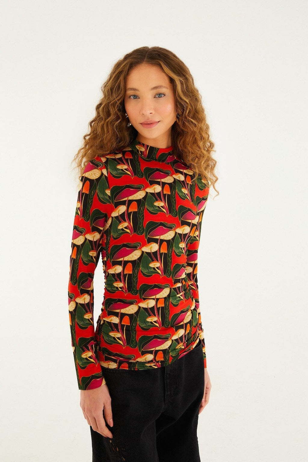 Black Wild Mushrooms Ruched Waist Jersey Blouse