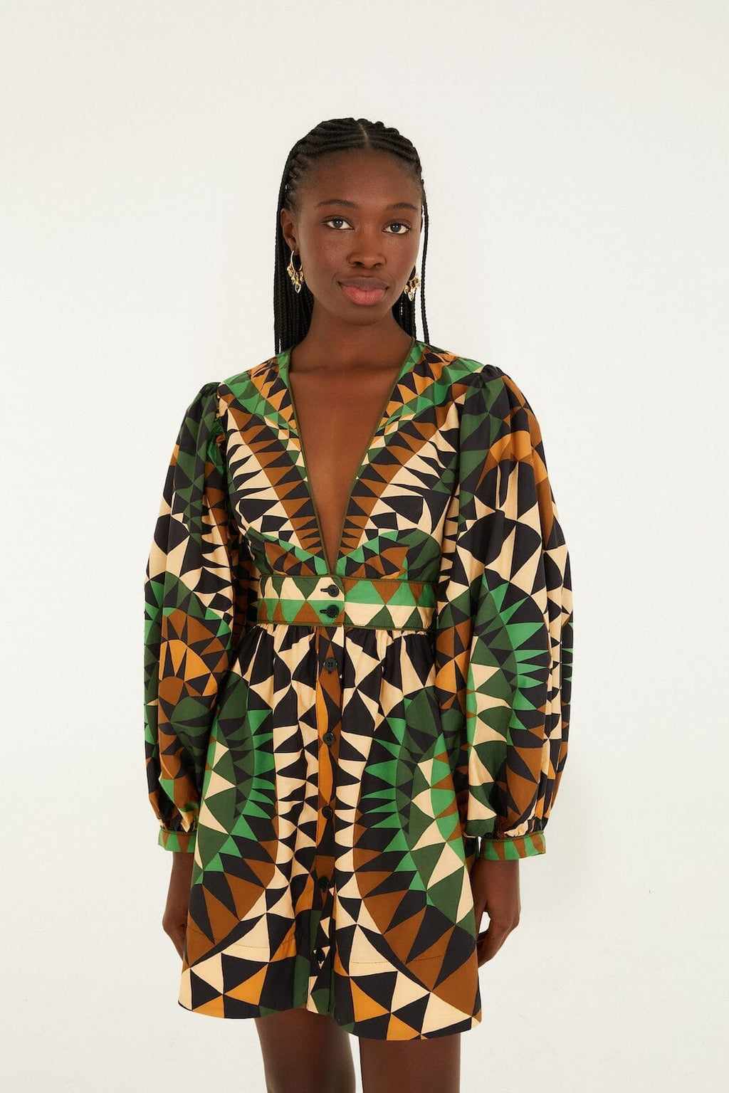 Green Heart Deco Puff Sleeve Organic Cotton Mini Dress