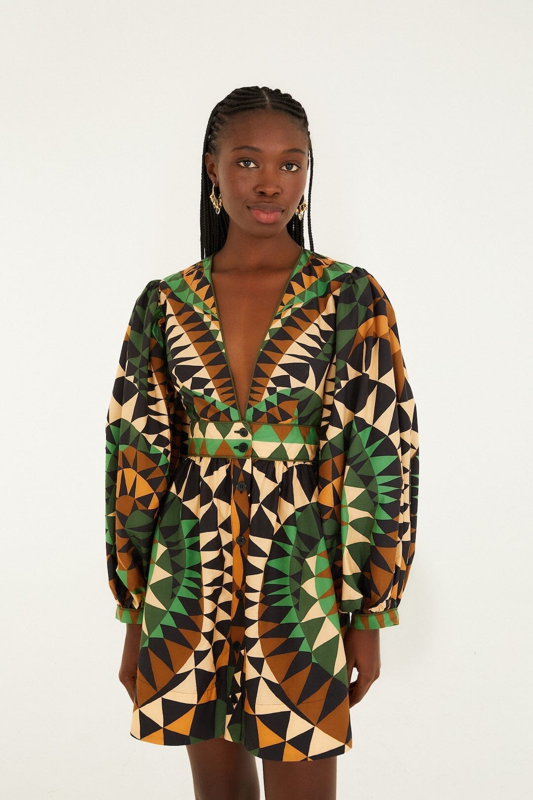 Green Heart Deco Puff Sleeve Organic Cotton Mini Dress