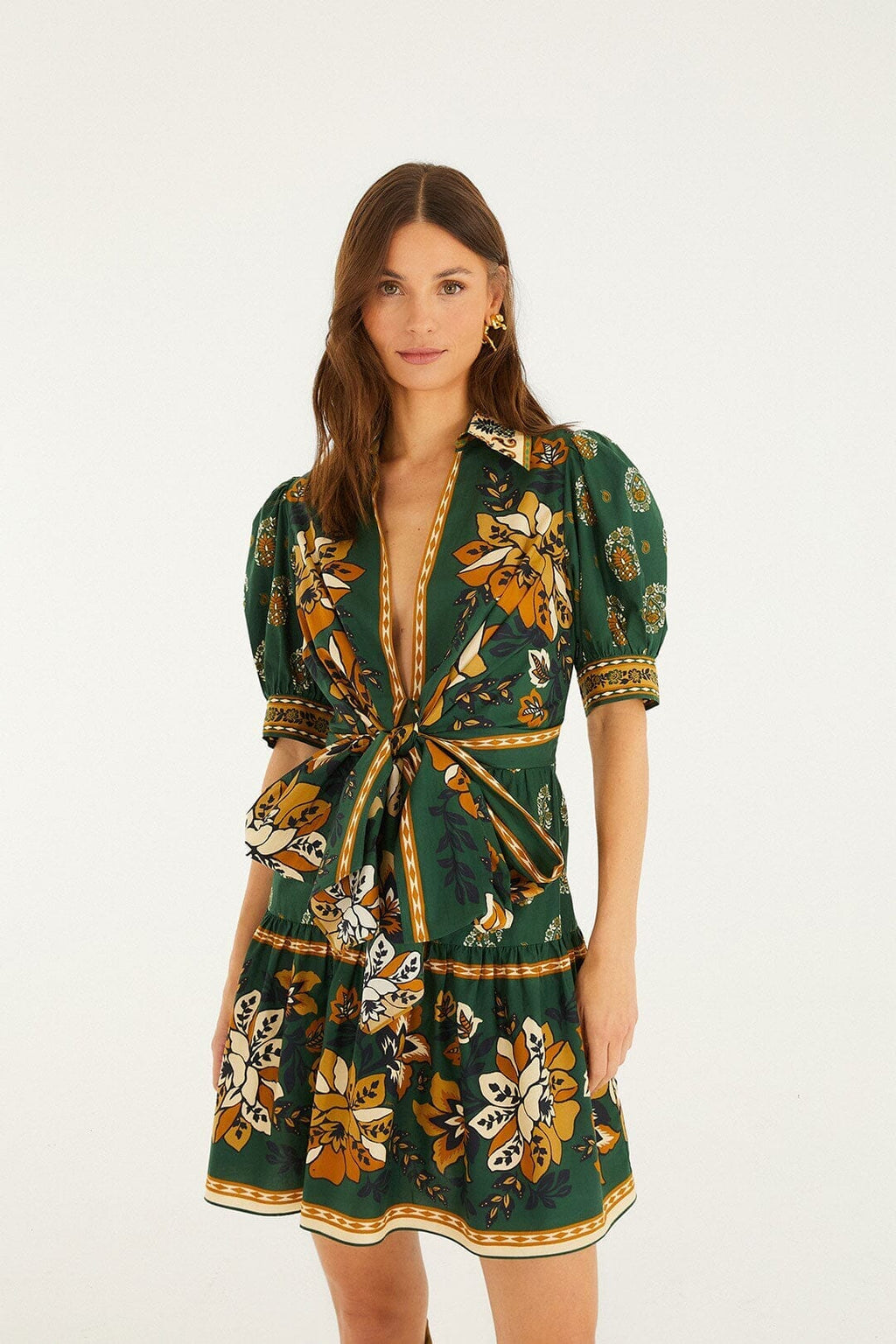Green Ayla Short Puff Sleeve Organic Cotton Mini Dress