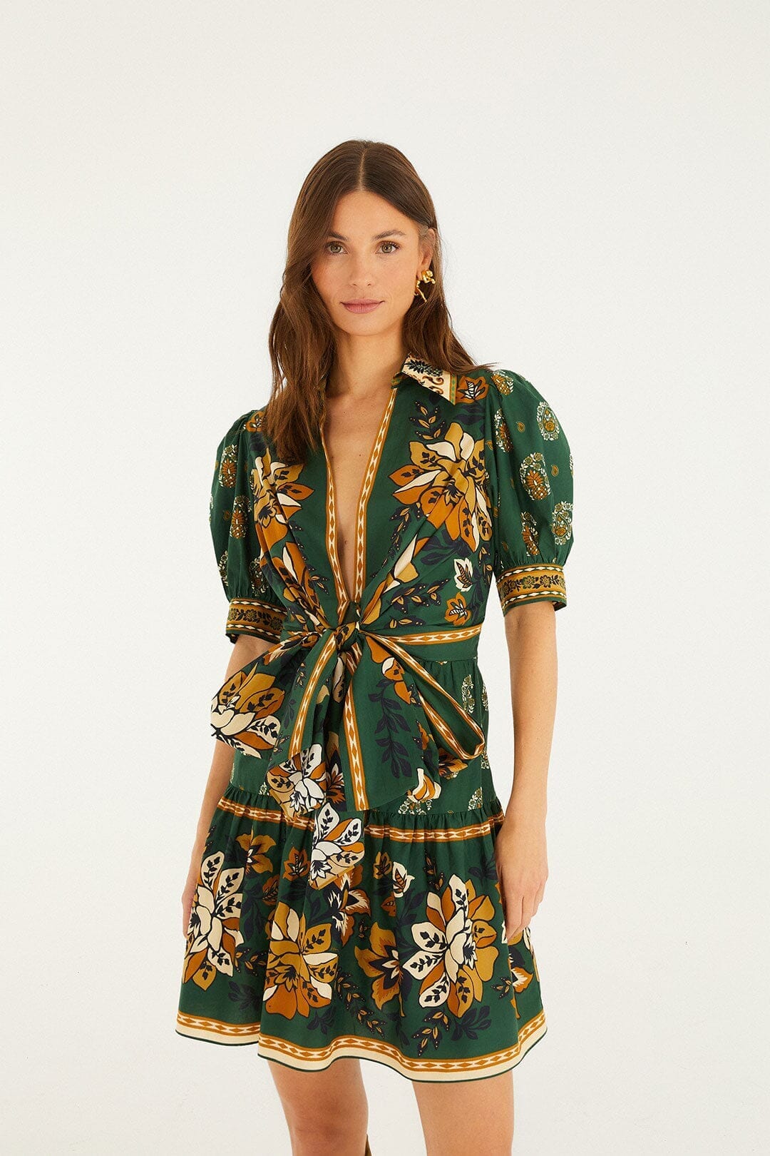 Green Ayla Short Puff Sleeve Organic Cotton Mini Dress