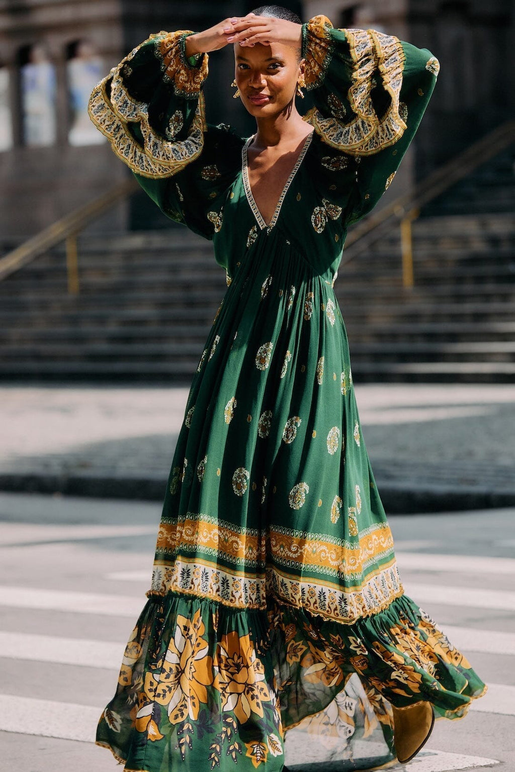 Green Ayla Long Sleeve Ruffled Maxi Dress