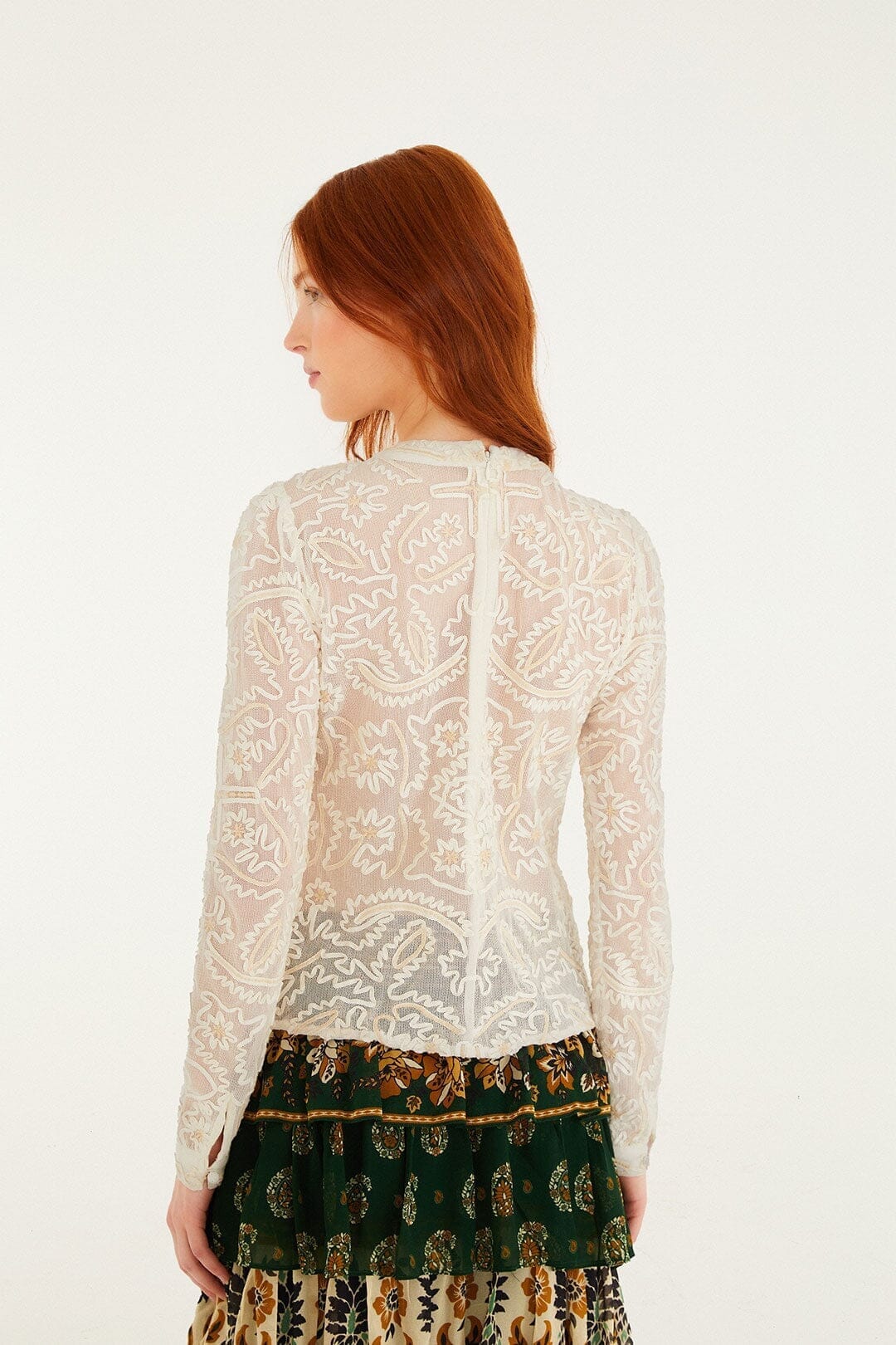 Off-White Embroidered Crew Neck Long Sleeve Blouse