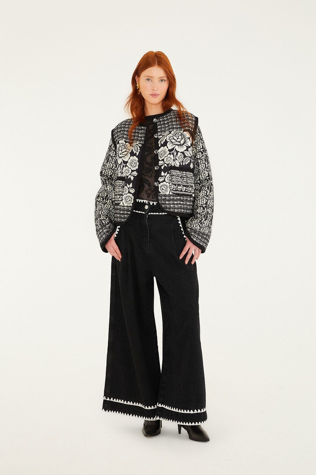 Black Cashews And Birds Seam Padded Jacket